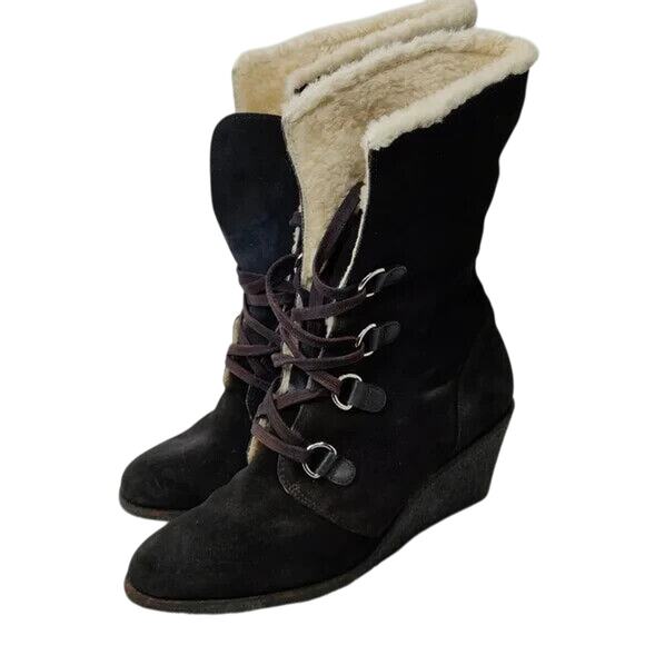 Cole Haan Black Suede Wedge mid calf Booties Size 11 - Picture 3 of 8